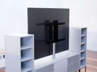 Holz TV Rückwand / Raumteiler mit Regal schwarz / weiß